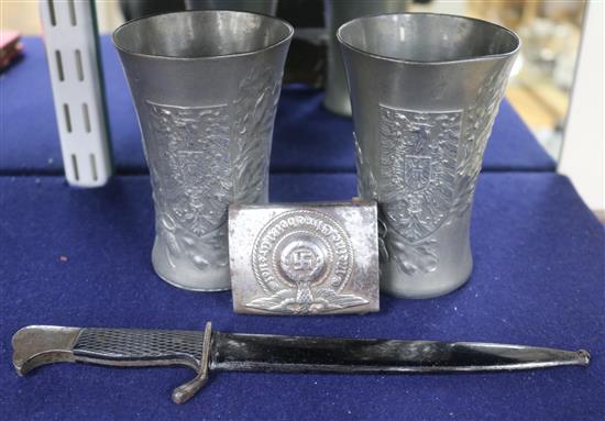 A  dagger, belt buckle and two pewter beakers